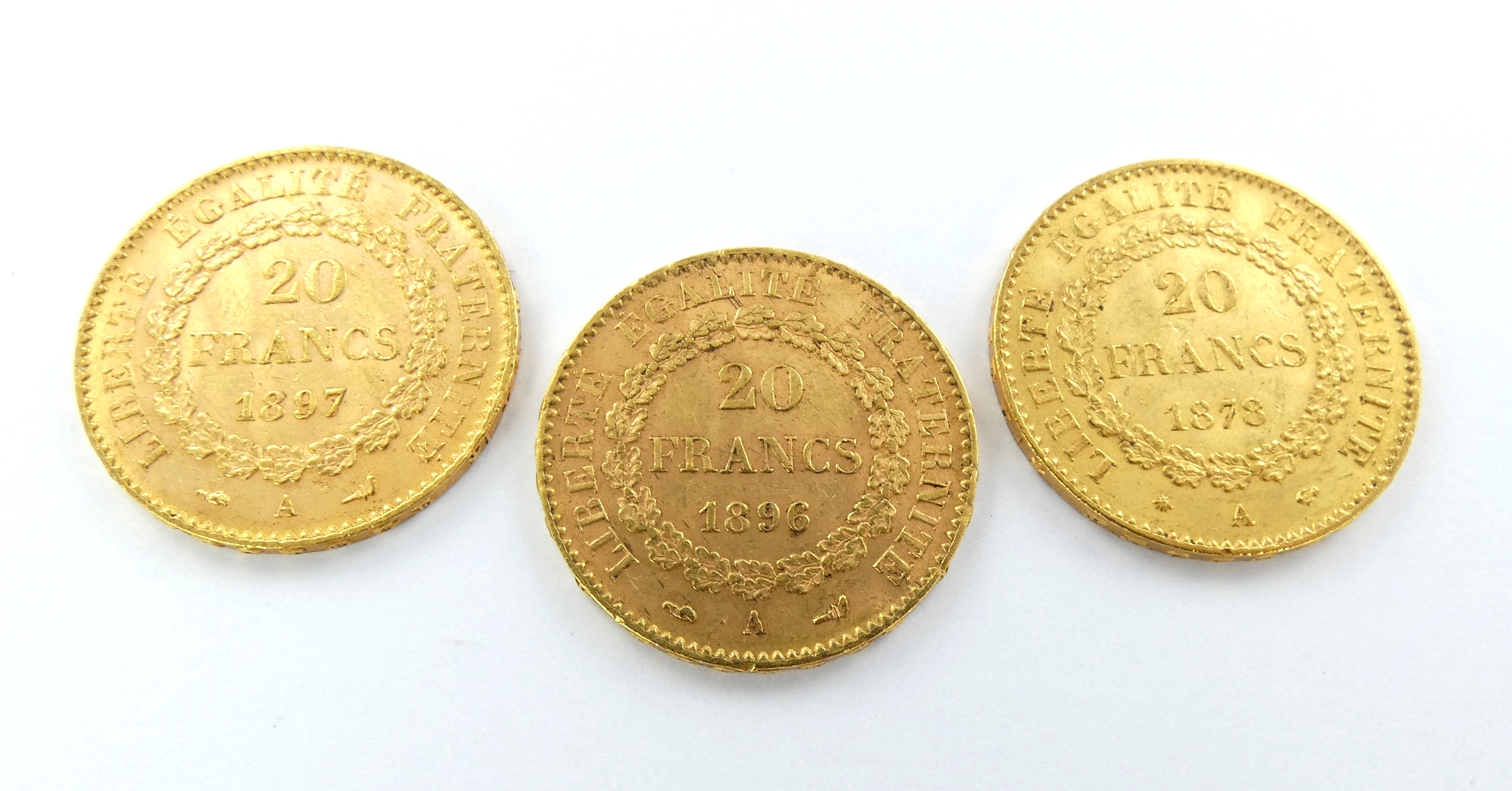 Lot 7 — 3 Pièces de 20F Or 916 mil. 19.3g